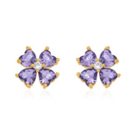BRINCO FLOR CRISTAIS AMETISTA EM BANHO DE OURO 18K