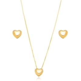 CONJUNTO CORAÇÃO LISO EM BANHO DE OURO 18K