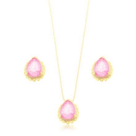 CONJUNTO CORAÇÃO ROSA CRAVEJADO EM BANHO DE OURO 18K