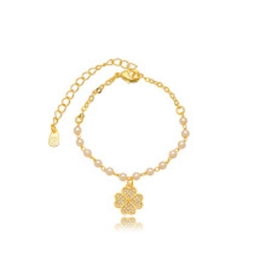 PULSEIRA PÉROLA TREVO MICRO ZIRCÔNIA EM BANHO DE OURO 18K