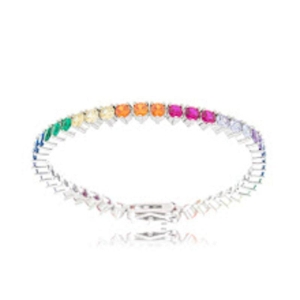 PULSEIRA RIVIEIRA 3 GARRAS COM ZIRCÔNIA COLORIDA COM BANHO DE RÓDIO BRANCO
