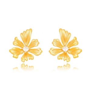 BRINCO FLOR ARTÍSTICA COM ZIRCÔNIA CENTRAL -  BANHO DE OURO 18K