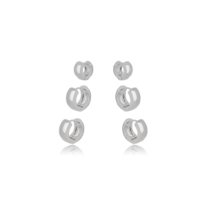 TRIO DE ARGOLAS ABAULADAS LISAS  BANHO DE RÓDIO BRANCO