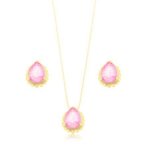 CONJUNTO COLAR E BRINCOS GOTA FUSION ROSA EM BANHO DE OURO 18K