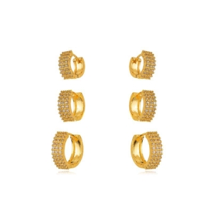 BRINCO TRIO DE ARGOLAS CLICK PAVÊ EM BANHO DE OURO 18K