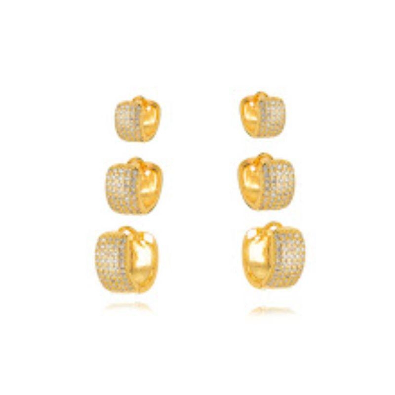 BRINCO TRIO ARGOLA MICRO ZIRCÔNIA  EM BANHO DE OURO 18K
