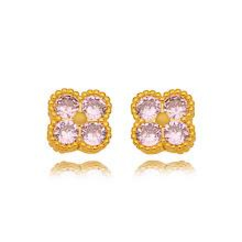BRINCO FLOR QUARTZO ROSA EM BANHO DE OURO 18K