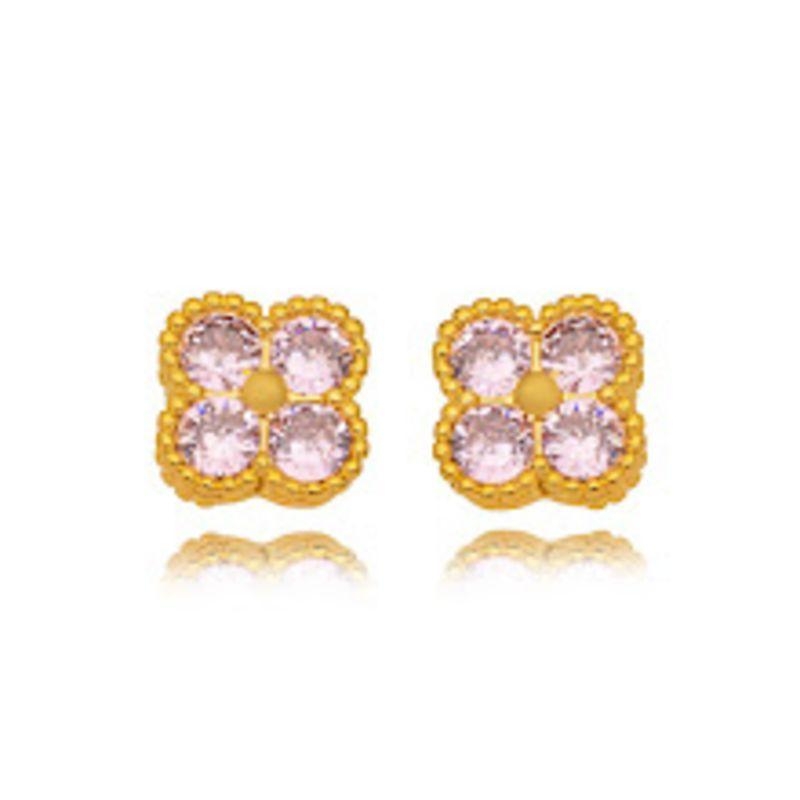 BRINCO FLOR QUARTZO ROSA EM BANHO DE OURO 18K