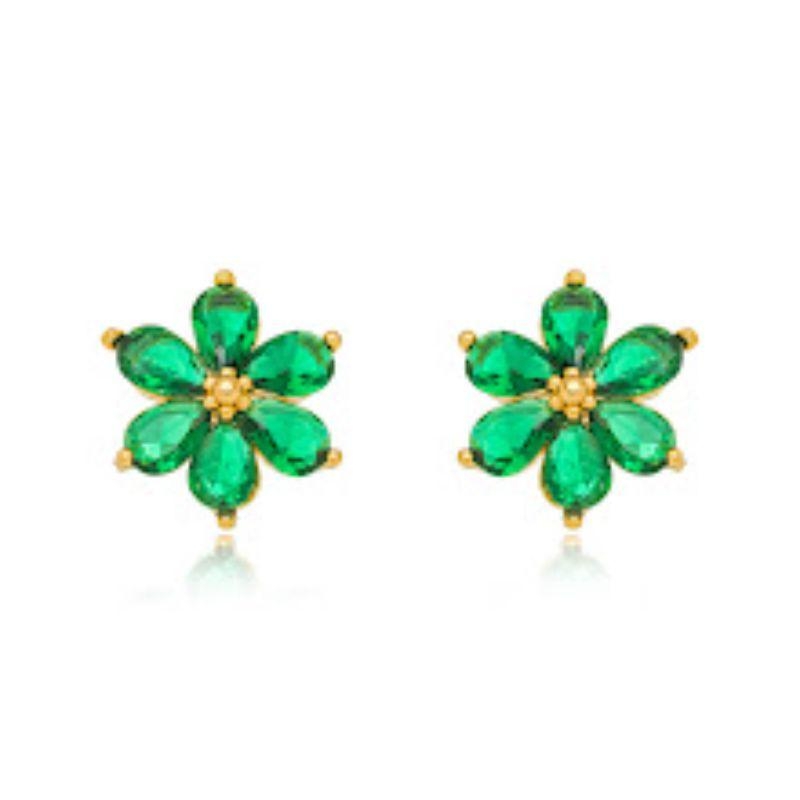 BRINCO FLOR CRISTAIS TURMALINA EM BANHO DE OURO 18K