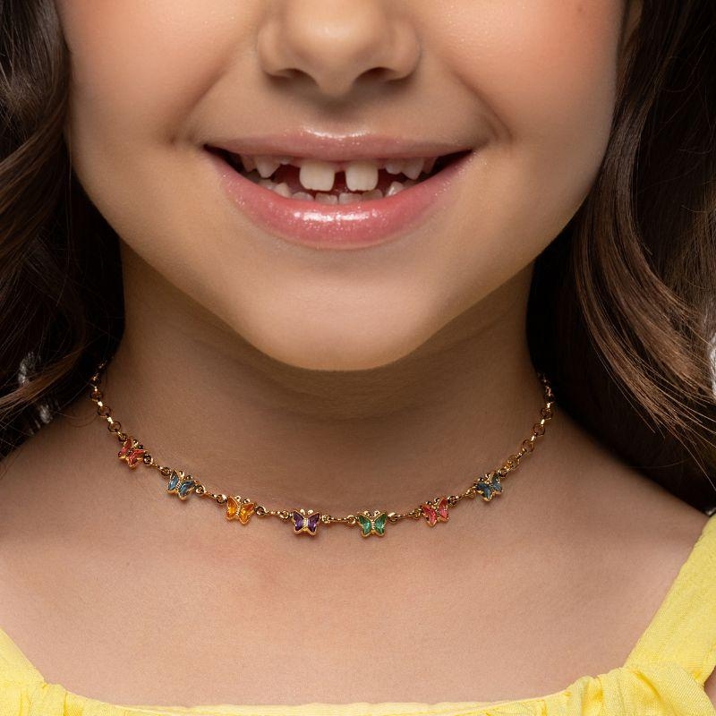 COLAR BORBOLETA CRISTAIS COLORIDO EM BANHO DE OURO 18K
