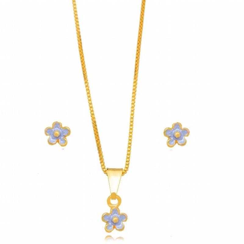 CONJUNTO FLOR ESMALTADO LILÁS EM BANHO DE OURO 18K