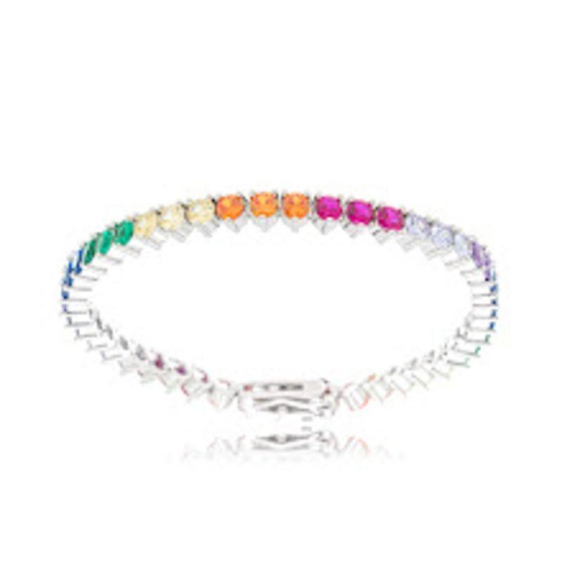 PULSEIRA RIVIEIRA 3 GARRAS COM ZIRCÔNIA COLORIDA COM BANHO DE RÓDIO BRANCO