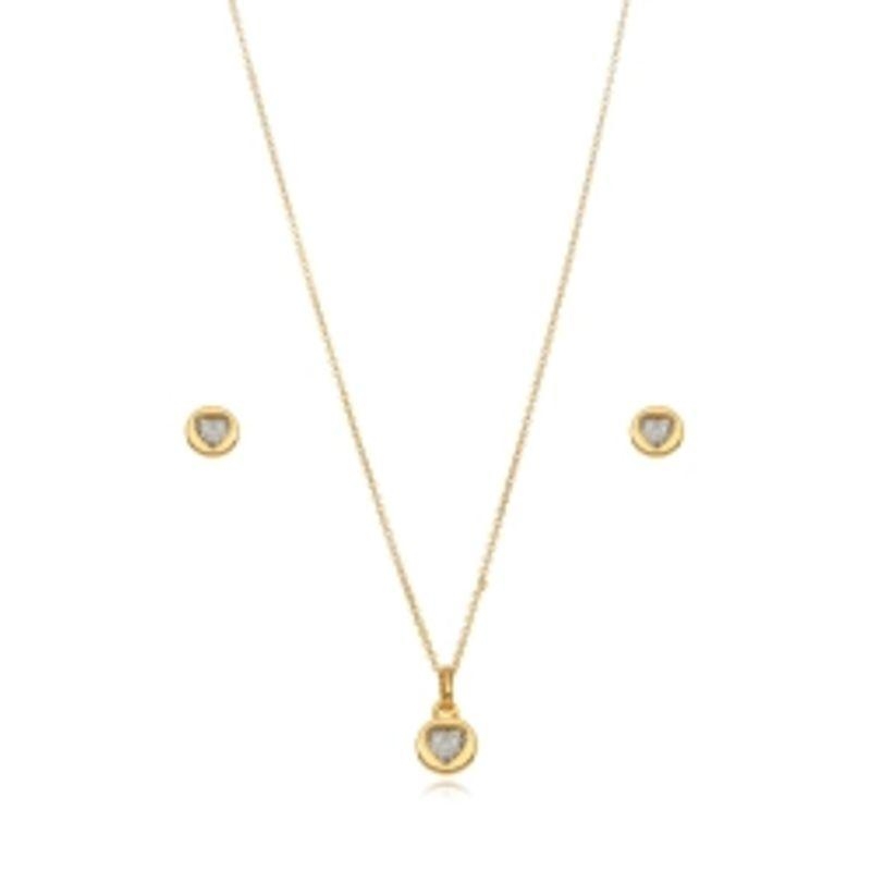 CONJUNTO CORAÇÃO CRISTAL EM BANHO DE OURO 18K