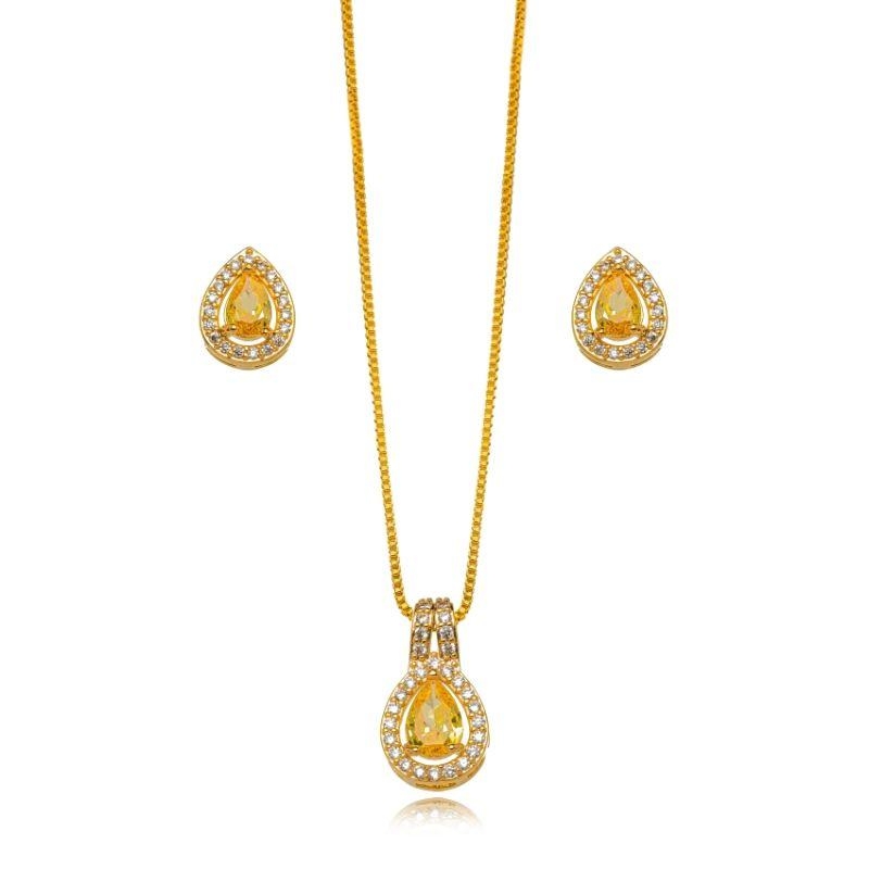 CONJUNTO GOTA MICRO ZIRCÔNIA CITRINO EM BANHO DE OURO 18K