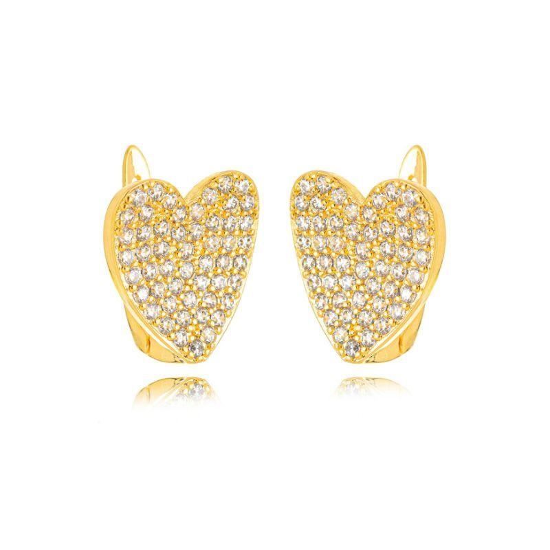 BRINCO ARGOLA CORAÇÃO CRAVEJADO EM BANHO DE OURO 18K