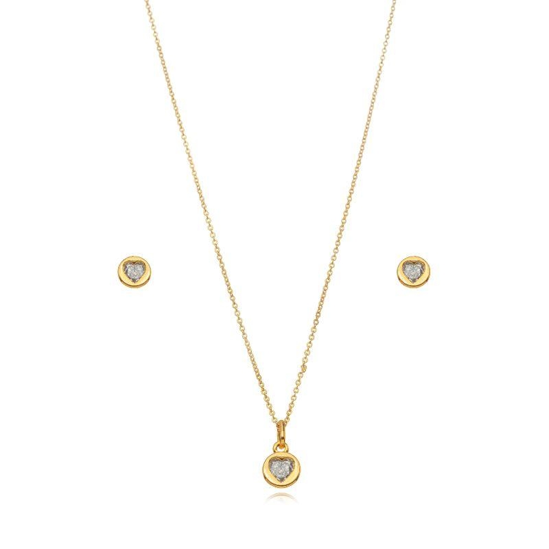 CONJUNTO CORAÇÃO CRISTAL EM BANHO DE OURO 18K
