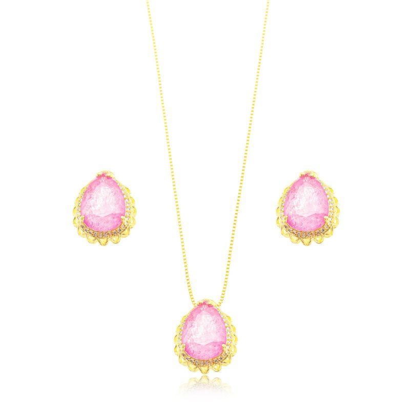 CONJUNTO GOTA CRAVEJADO ROSA EM BANHO DE OURO 18K