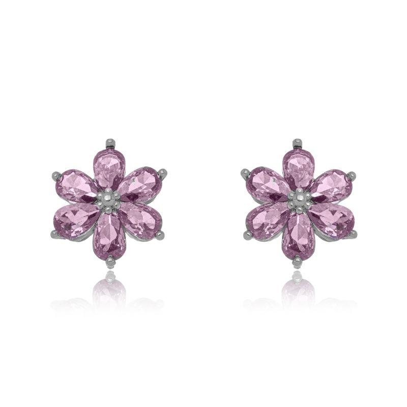 BRINCO FLOR CRISTAIS ROSA EM RÓDIO BRANCO