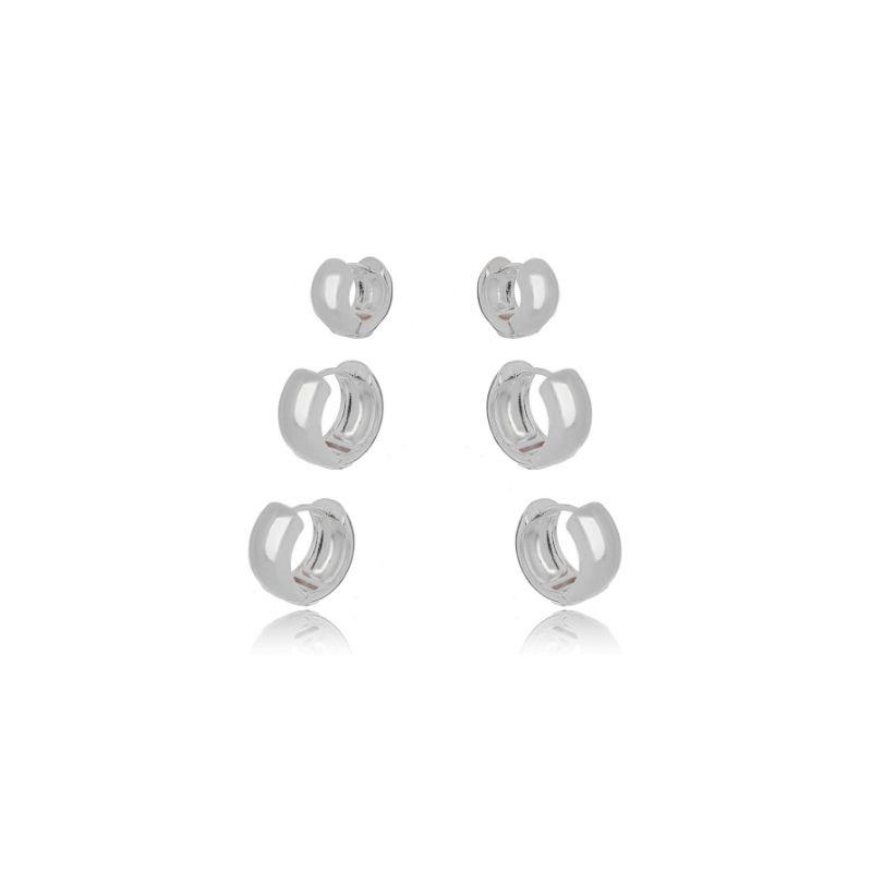 TRIO DE ARGOLAS ABAULADAS LISAS  BANHO DE RÓDIO BRANCO