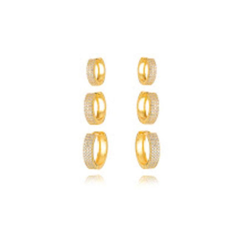 BRINCO TRIO DE ARGOLAS ABAULADAS CRAVEJADAS - BANHO DE OURO 18K