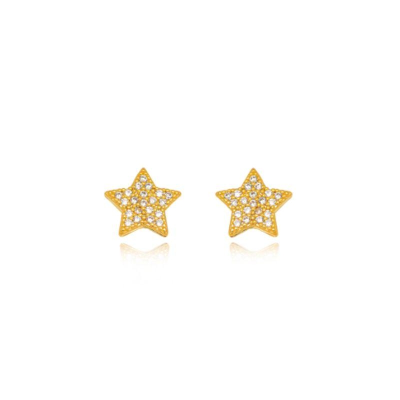 BRINCO BOTÃO ESTRELA CRAVEJADA EM BANHO DE OURO 18K