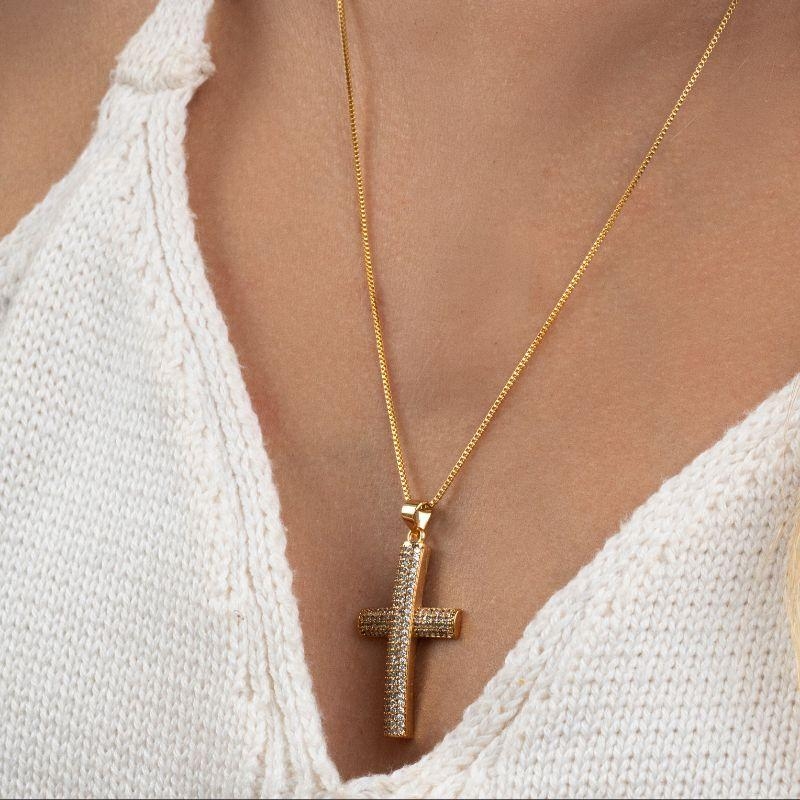 COLAR FEMININO CRUZ CRAVEJADA - BANHO DE OURO 18K