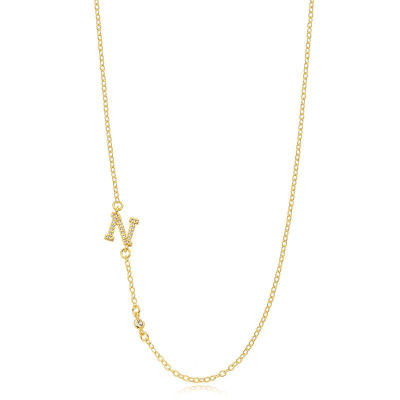 COLAR INICIAL N LATERAL CRAVEJADA - BANHO DE OURO 18K