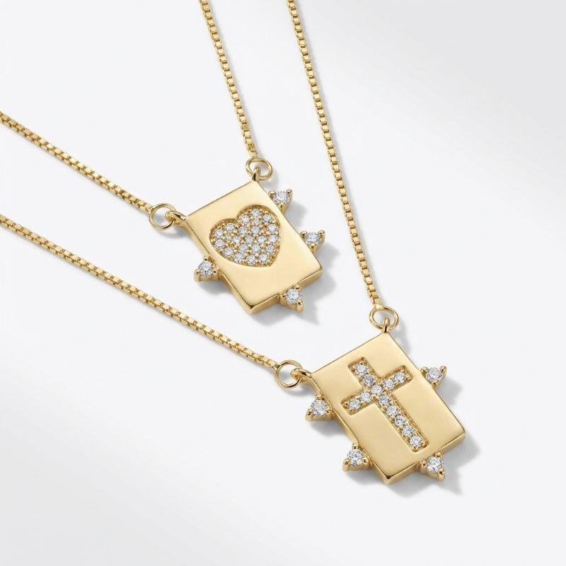 ESCAPULÁRIO CORAÇÃO E CRUZ CRAVEJADOS - BANHO DE OURO 18K