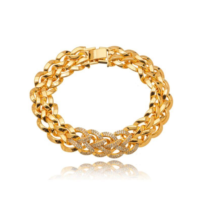 PULSEIRA ELO TRANÇADO CRAVEJADA - BANHO DE OURO 18K