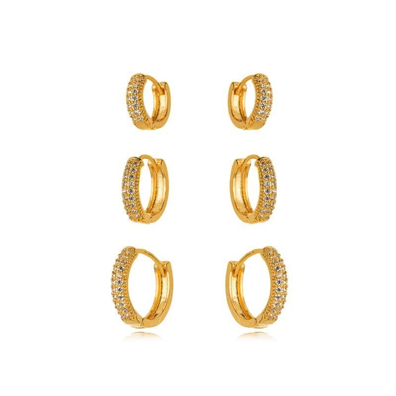 BRINCO TRIO DE ARGOLAS CLICK CRAVEJADAS BANHO OURO 18K
