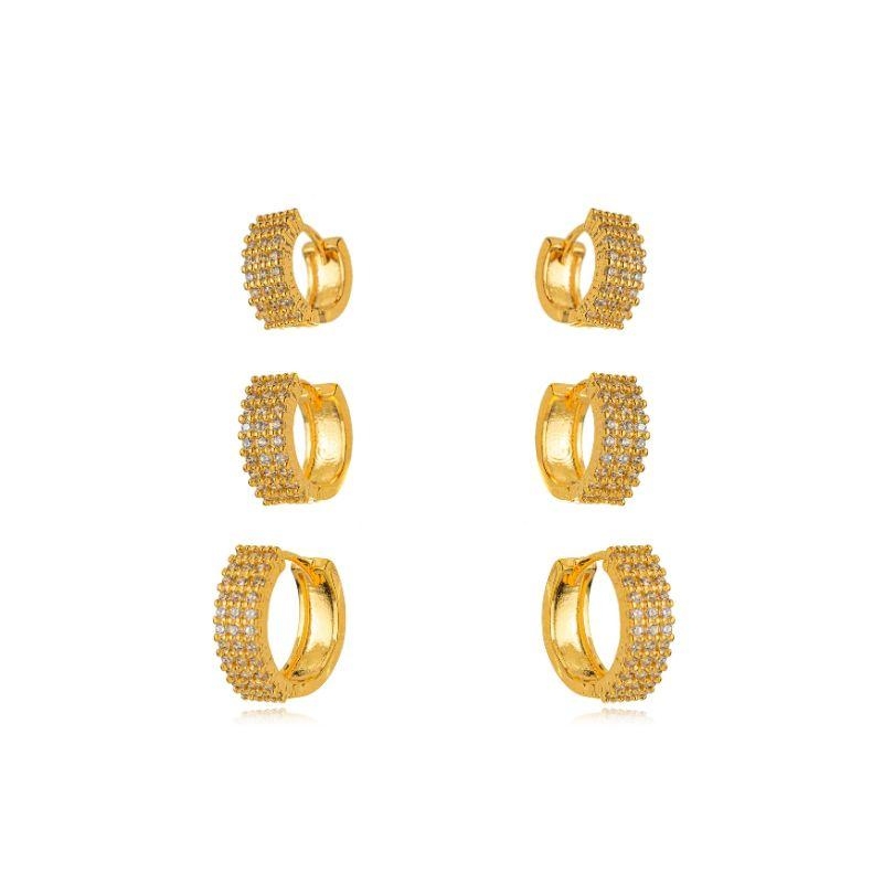 BRINCO TRIO DE ARGOLAS CLICK PAVÊ EM BANHO DE OURO 18K