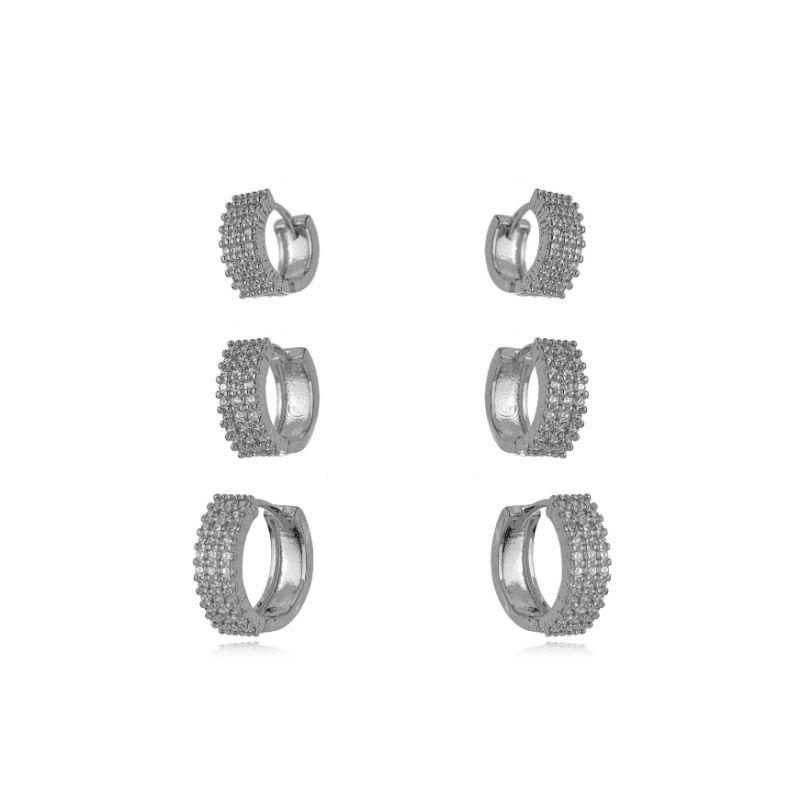 BRINCO TRIO DE ARGOLAS CLICK PAVÊ EM RÓDIO BRANCO