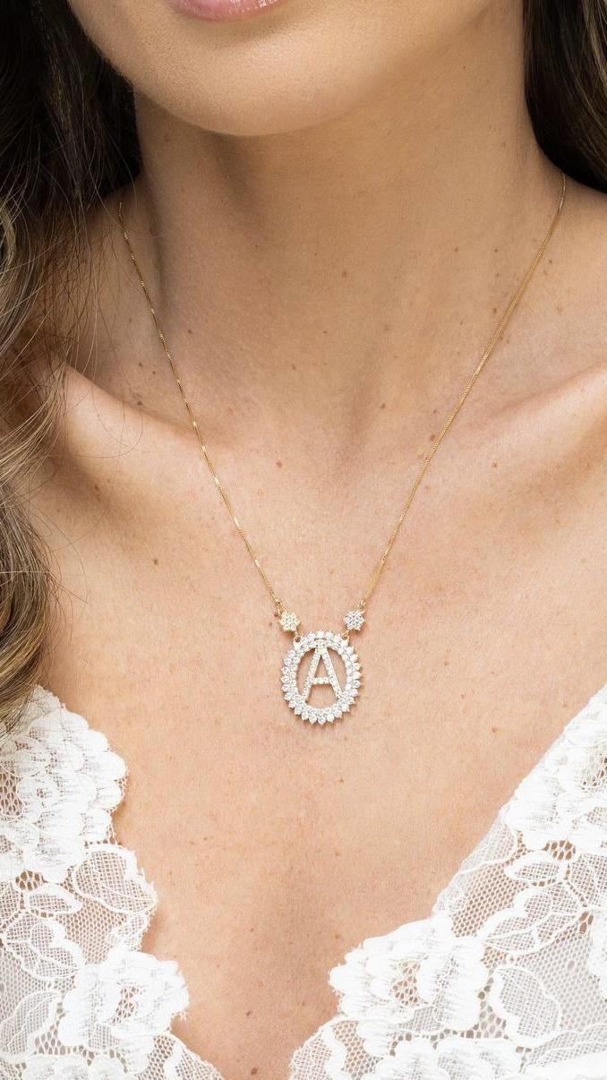 COLAR LETRA F MICRO ZIRCÔNIA EM BANHO DE OURO 18K