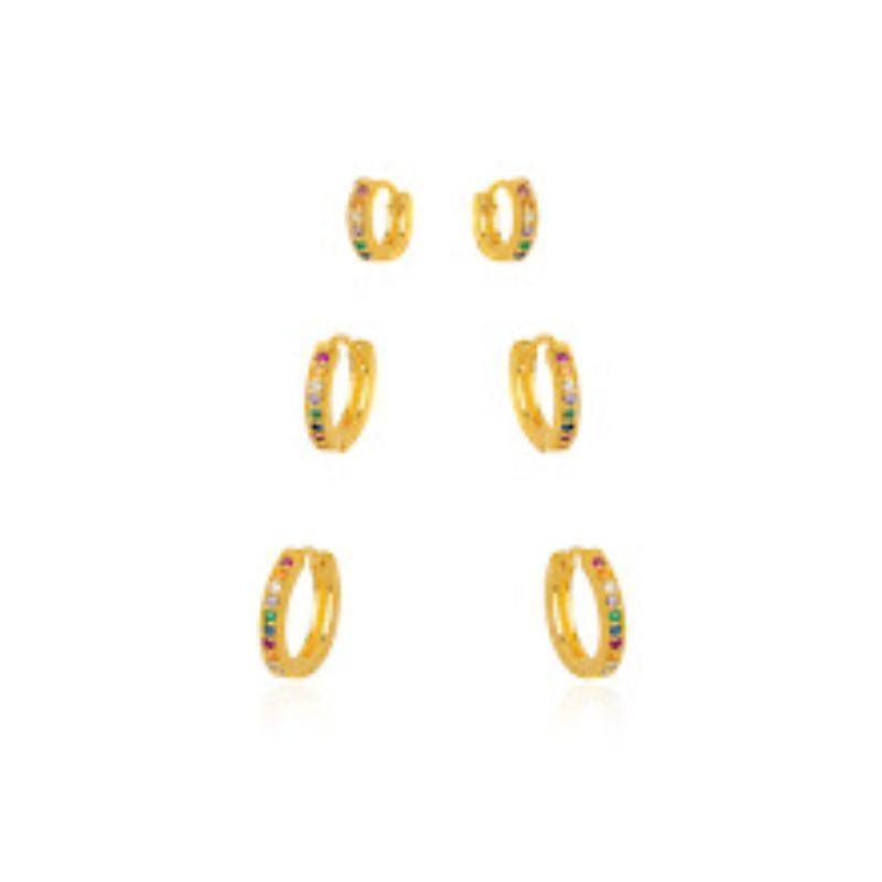 BRINCO TRIO ARGOLA MICRO ZIRCÔNIA COLORIDA EM BANHO DE OURO 18K