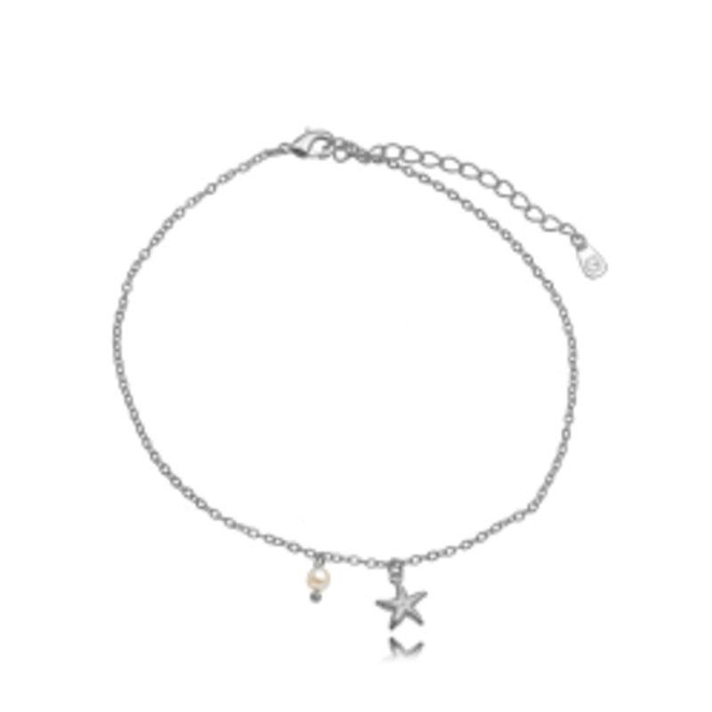 TORNOZELEIRA ESTRELA PÉROLA LISA EM BANHO DE RÓDIO BRANCO