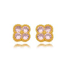 BRINCO FLOR QUARTZO ROSA EM BANHO DE OURO 18K