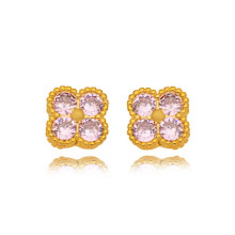 BRINCO FLOR QUARTZO ROSA EM BANHO DE OURO 18K