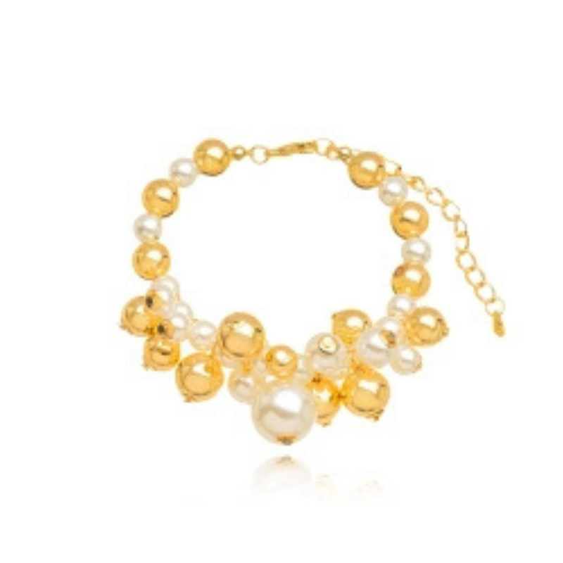 PULSEIRA BOLAS LISAS E PÉROLAS EM BANHO DE OURO 18K