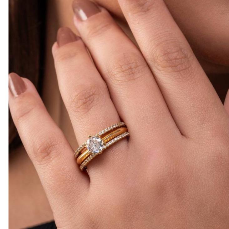 ANEL TRIO SOLITÁRIO CRISTAL E APARADOR MICRO ZIRCÔNIA EM BANHO DE OURO 18K