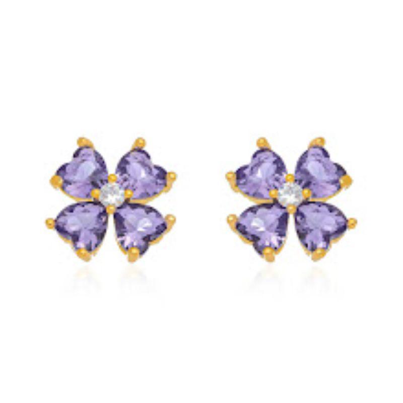 BRINCO FLOR CRISTAIS AMETISTA EM BANHO DE OURO 18K