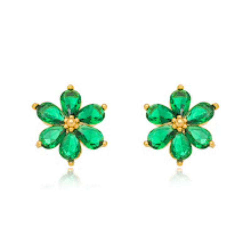 BRINCO FLOR CRISTAIS TURMALINA EM BANHO DE OURO 18K