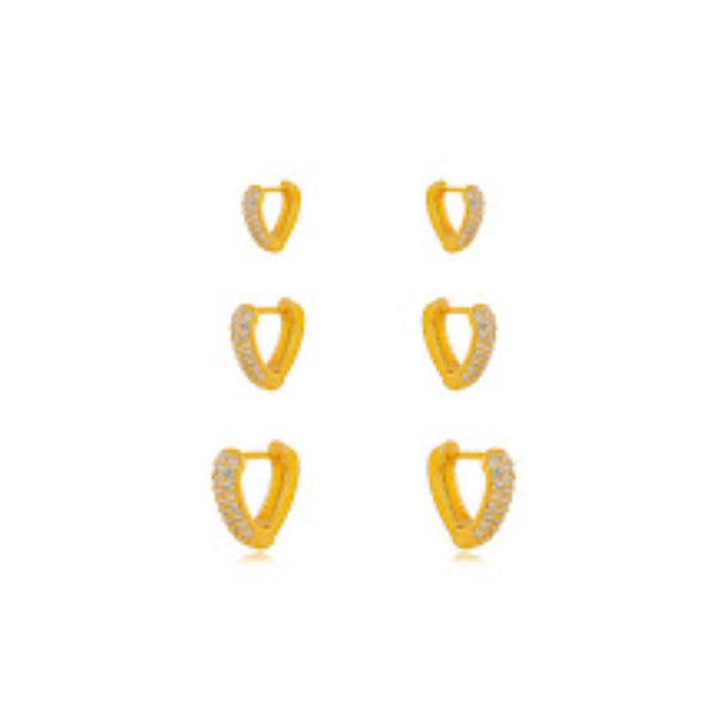 BRINCO TRIO ARGOLA CORAÇÃO CRAVEJADO EM BANHO DE OURO 18K