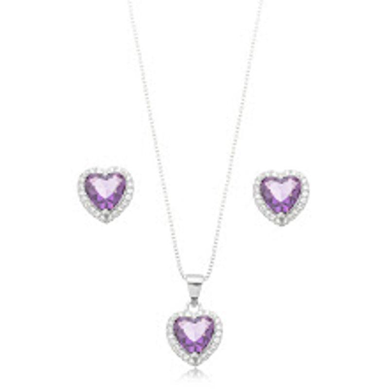 CONJUNTO CORAÇÃO CRAVEJADO AMETISTA EM BANHO DE RÓDIO BRANCO