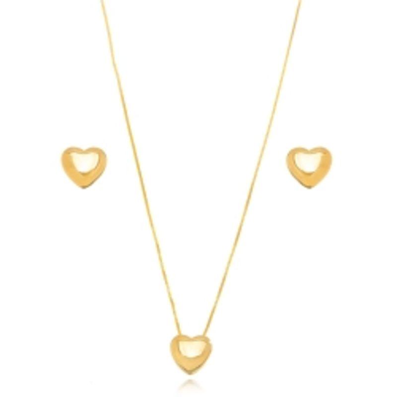 CONJUNTO CORAÇÃO LISO EM BANHO DE OURO 18K