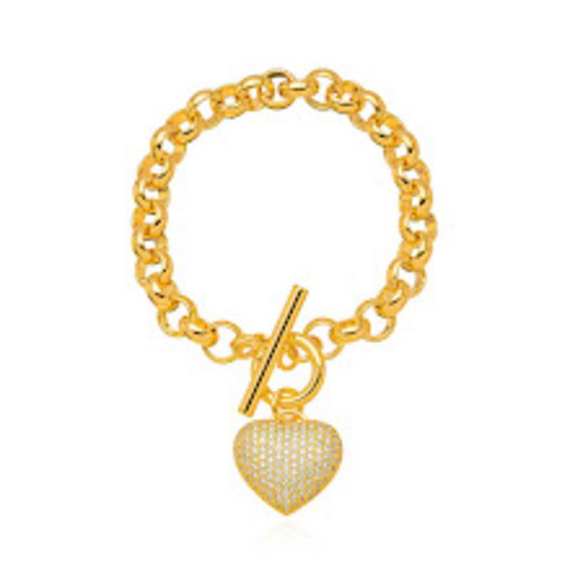 PULSEIRA ELOS PORTUGUES CORAÇÃO CRAVEJADO EM BANHO DE OURO 18K