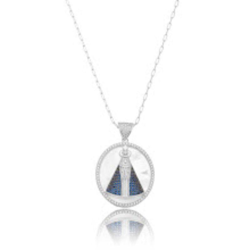 COLAR NOSSA SENHORA APARECIDA CRAVEJADO EM BANHO DE RÓDIO BRANCO