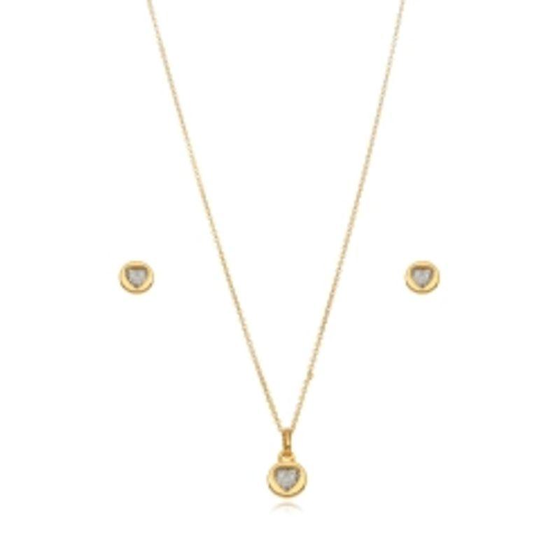 CONJUNTO CORAÇÃO CRISTAL EM BANHO DE OURO 18K