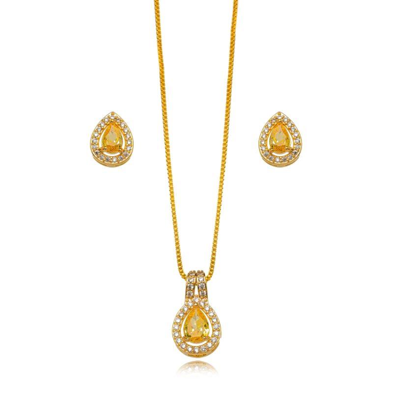 CONJUNTO GOTA MICRO ZIRCÔNIA CITRINO EM BANHO DE OURO 18K