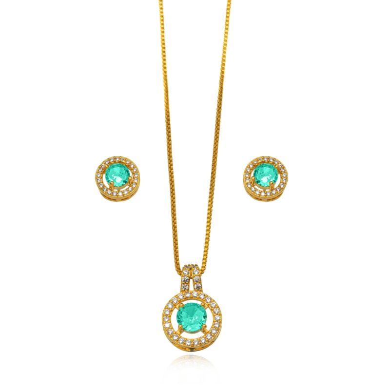 CONJUNTO REDONDO MICRO ZIRCÔNIA TURMALINA EM BANHO DE OURO 18K