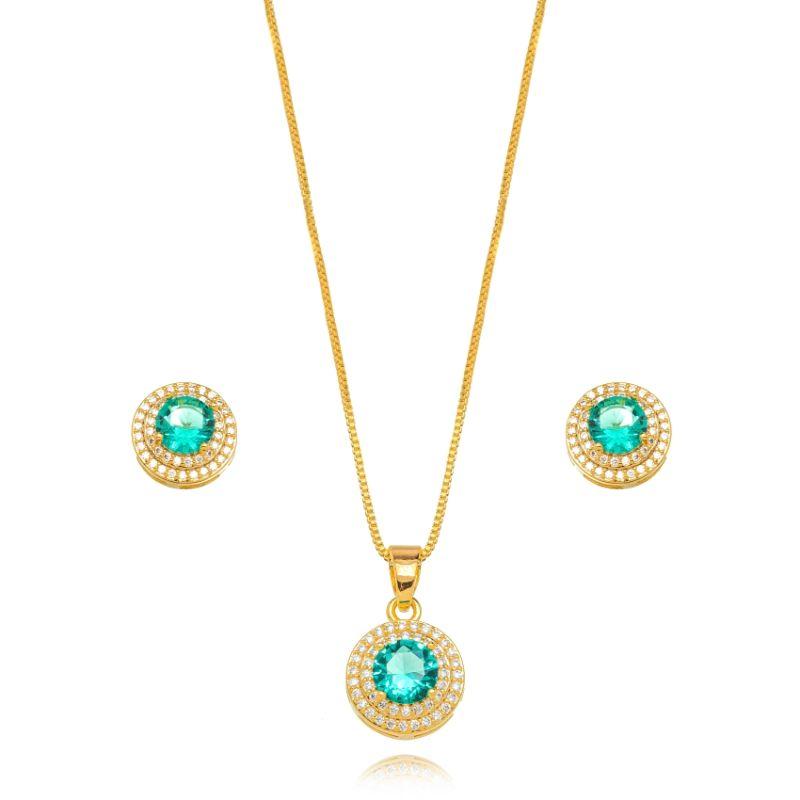 CONJUNTO REDONDO MICRO ZIRCÔNIA TURMALINA EM BANHO DE OURO 18K
